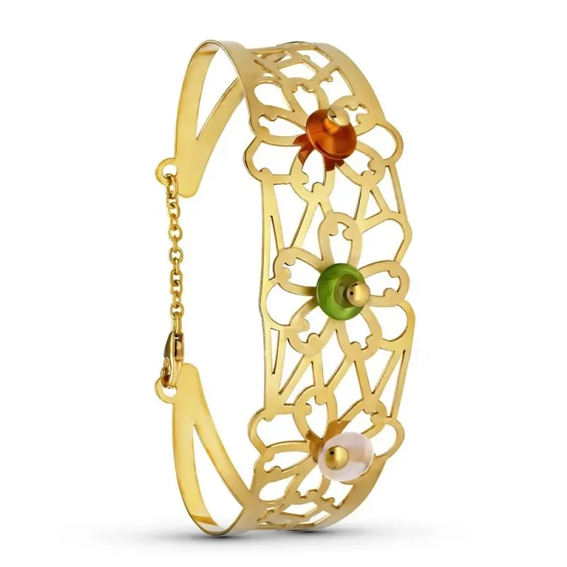 Pulsera Oro 18k rígida motivo flores caladas circonitas colores