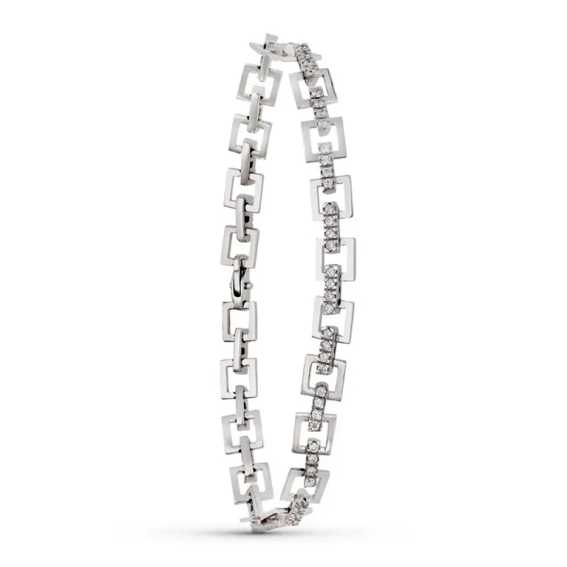 Pulsera Oro 18k blanco eslabones cuadrados motivos circonitas