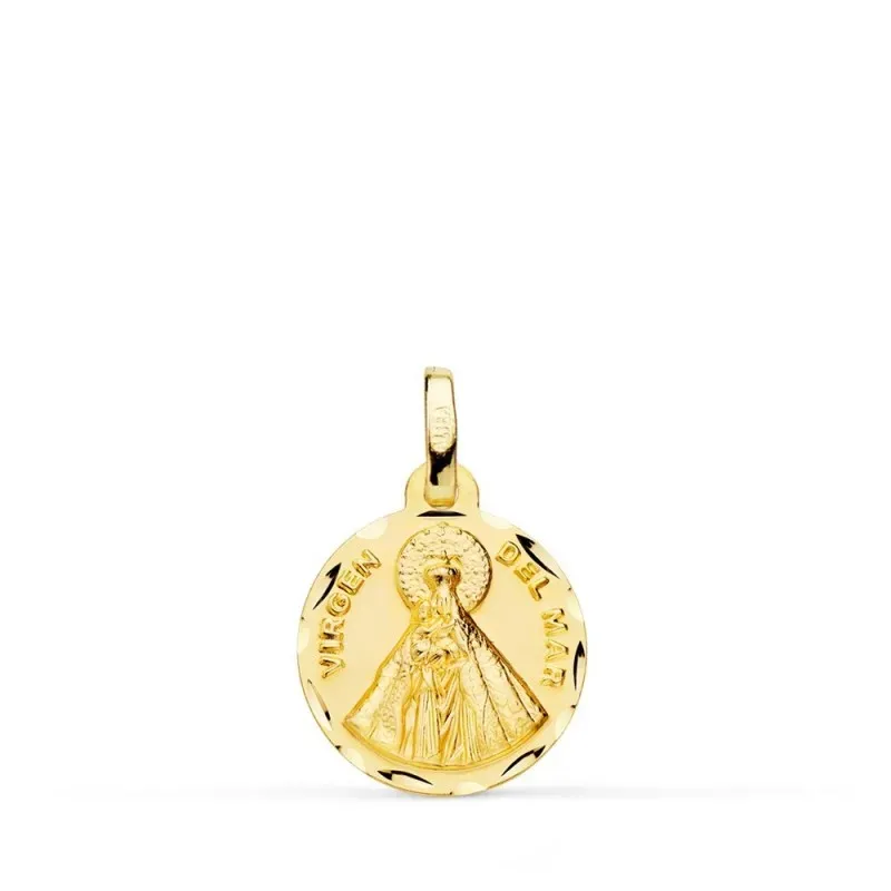 Virgen del Mar Medalla Oro 18k unisex 14 mm. bordes tallados. Grabaci