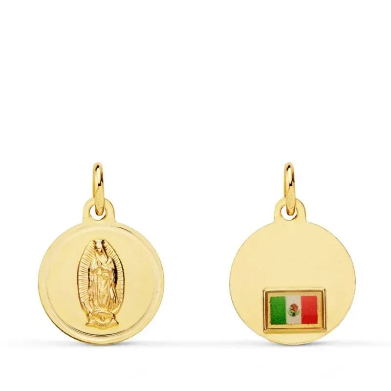 Virgen de Guadalupe Medalla Oro 18k unisex 14 mm. trasera detalle ban