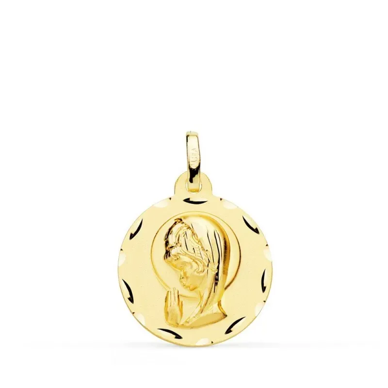 Virgen Niña Primera Comunión Medalla Oro 18k redonda 18 mm. borde tal