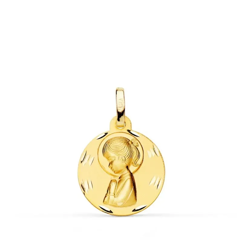 Virgen Niña Primera Comunión Medalla Oro 18k mate 16 mm. tallada. Gra