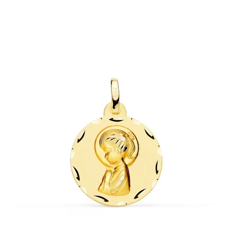 Virgen Niña Primera Comunión Medalla Oro 18k matizada 18 mm. borde ta