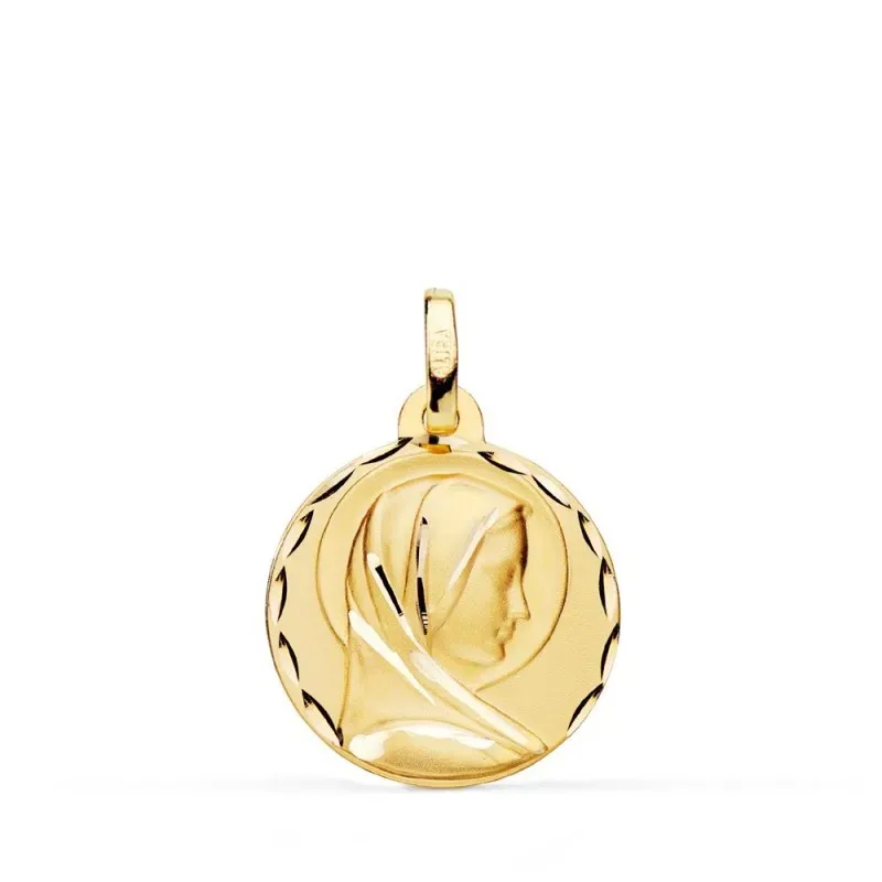 Virgen María Francesa Medalla Oro matizada 18k 18 mm. borde tallado