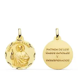 San Judas Tadeo Medalla Oro 18k lisa 20 mm. bisel trasera PATRÓN DE L
