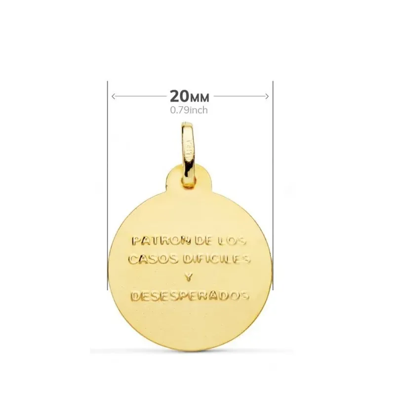 San Judas Tadeo Medalla Oro 18k lisa 20 mm. bisel trasera PATRÓN DE L