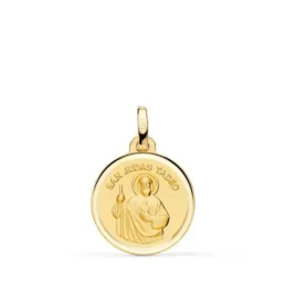 San Judas Tadeo Medalla Oro 18k liso 16 mm. bisel. Grabación incluida