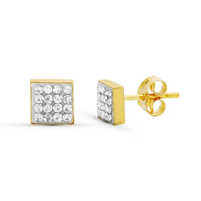 Pendientes Oro 18k mujer 4 mm. cuadrados circonitas