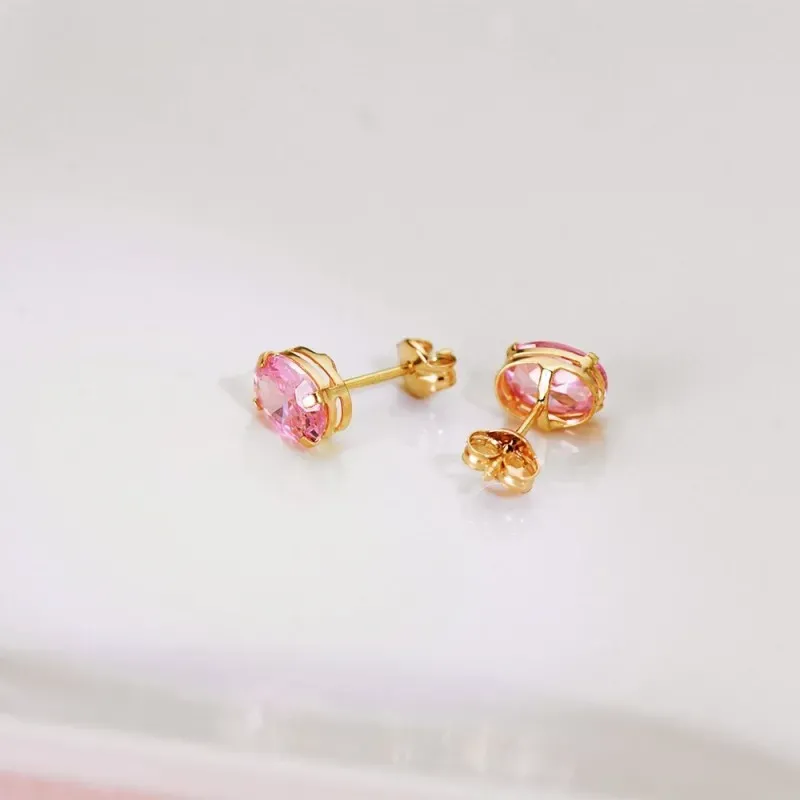 Pendientes Oro 18k mujer 7 mm. piedra rosa ovalada