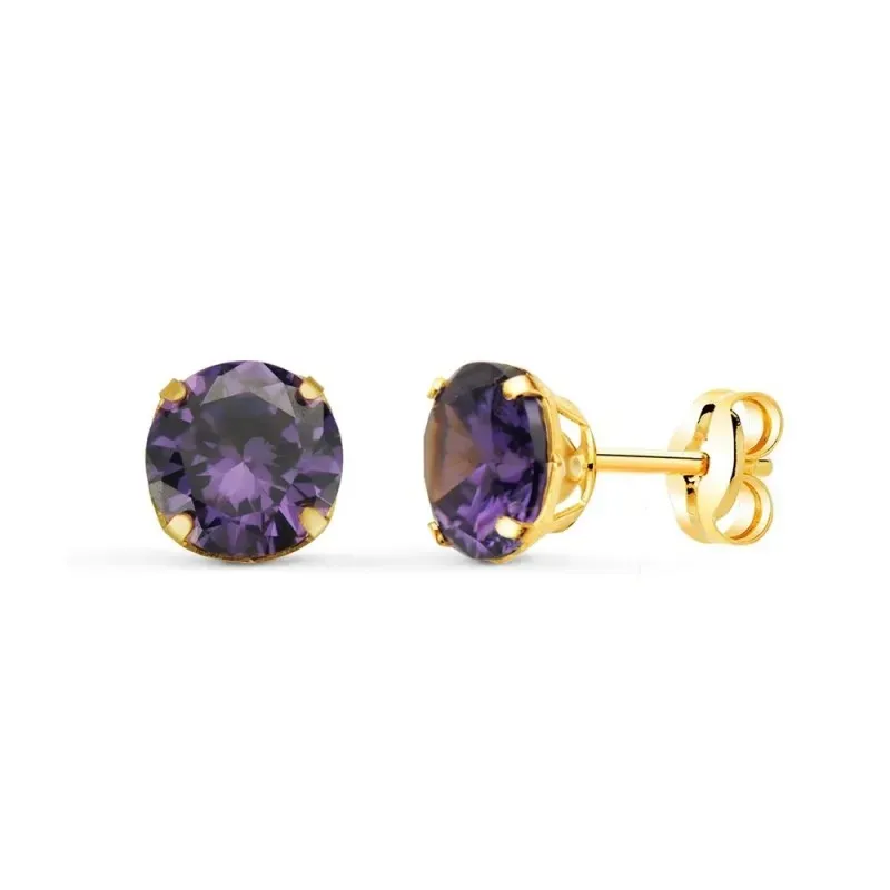 Pendientes Oro 18k mujer 6 mm. piedra color amatista redonda