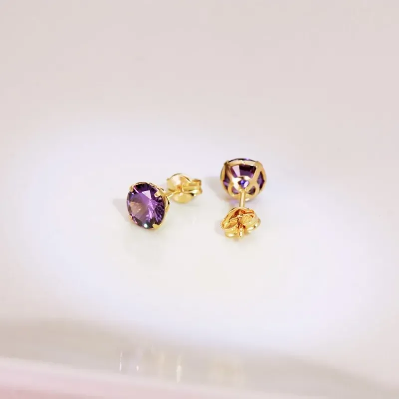 Pendientes Oro 18k mujer 6 mm. piedra color amatista redonda