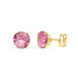 Pendientes Oro 18k mujer 6 mm. piedra color rosa redonda