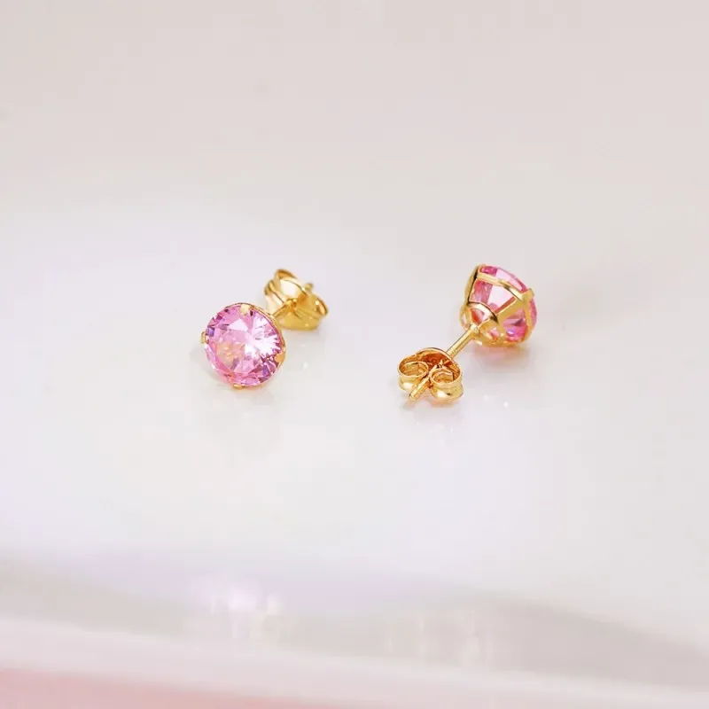 Pendientes Oro 18k mujer 6 mm. piedra color rosa redonda