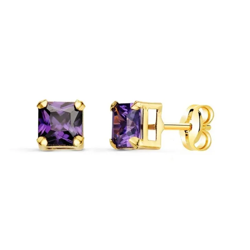 Pendientes Oro 18k mujer 5.5 mm. piedra color amatista forma cuadrada