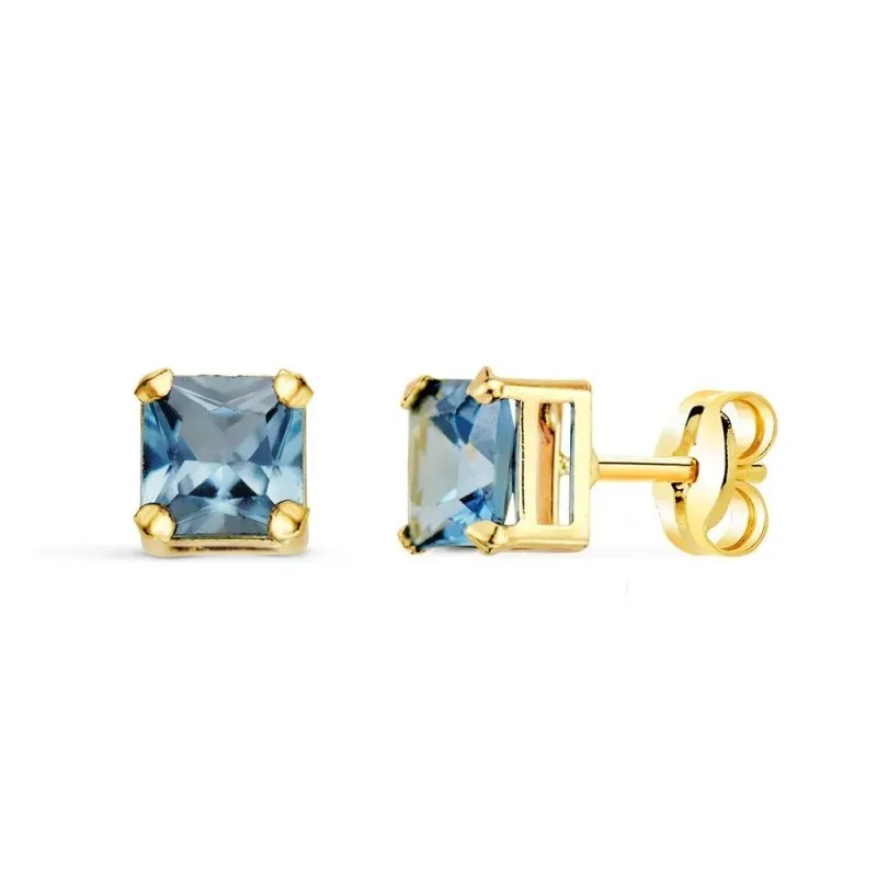 Pendientes Oro 18k mujer 5.5 mm. piedra color aguamarina forma cuadra