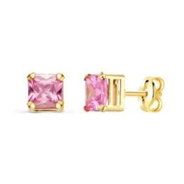 Pendientes Oro 18k mujer 5.5 mm. piedra color rosa forma cuadrada