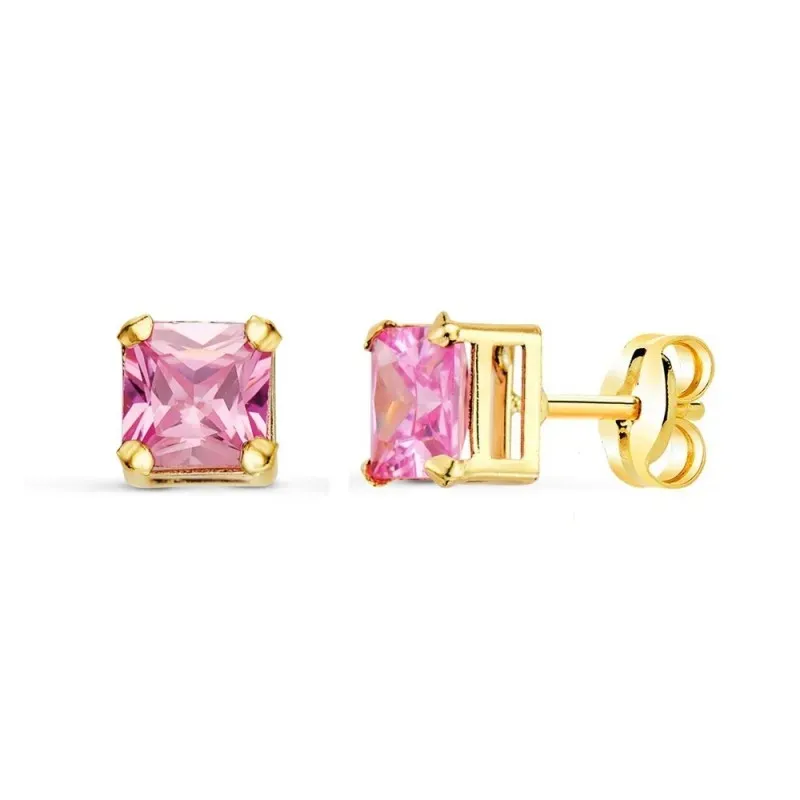 Pendientes Oro 18k mujer 5.5 mm. piedra color rosa forma cuadrada