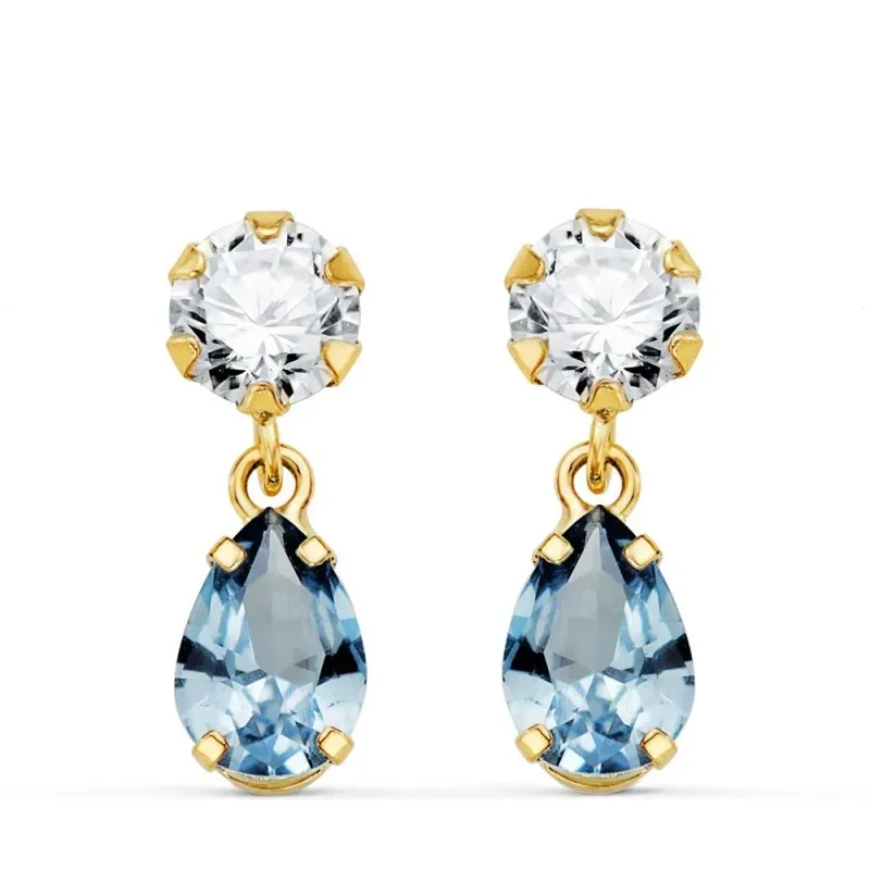 Pendientes Largos Oro 18k mujer 16 mm. dos cuerpos aguamarina forma l