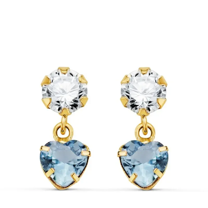 Pendientes Oro 18k mujer 14 mm. dos cuerpos aguamarina corazón combin