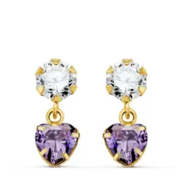 Pendientes Oro 18k mujer 14 mm. dos cuerpos amatista corazón combinad