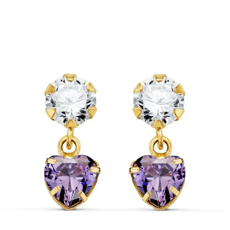 Pendientes Oro 18k mujer 14 mm. dos cuerpos amatista corazón combinad