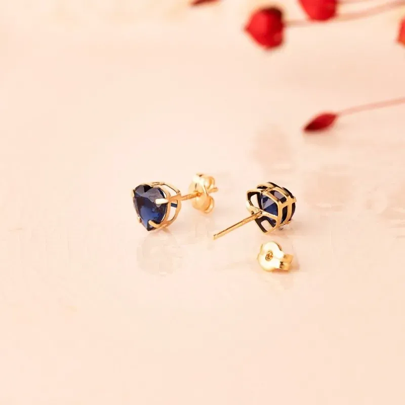 Pendientes Oro 18k mujer 6 mm. forma corazón piedra color azul