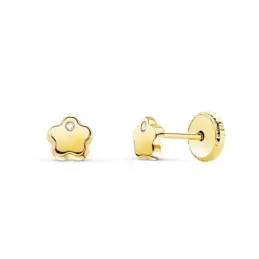 Pendientes Oro 18k niña 5 mm. forma flor lisa circonita centro