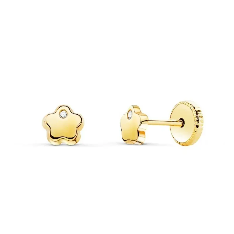 Pendientes Oro 18k niña 5 mm. forma flor lisa circonita centro