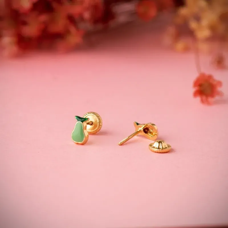 Pendientes Oro 18k niña 6 mm. forma pera esmaltada color verde