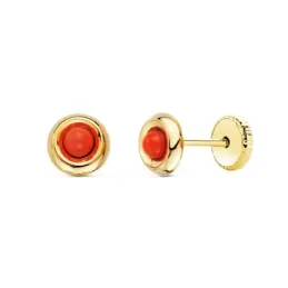 Pendientes Oro 18k niña 5 mm. redondos lisos coral centro 2 mm.