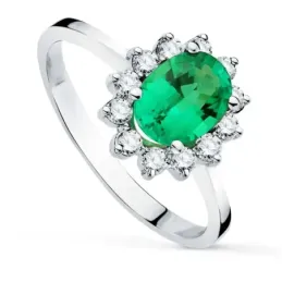 Sortija Oro Blanco 18k mujer esmeralda 8 mm. 1.1ct. combinada 12 diam