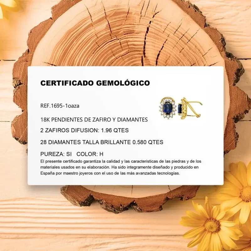 Pendientes Oro 18k mujer 12 mm. zafiro ovalado centro 1.96ct. combina