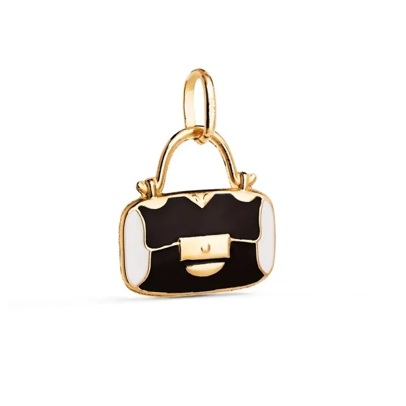 Colgante Oro 18k mujer 14 mm. forma bolso esmlatado color negro blanc