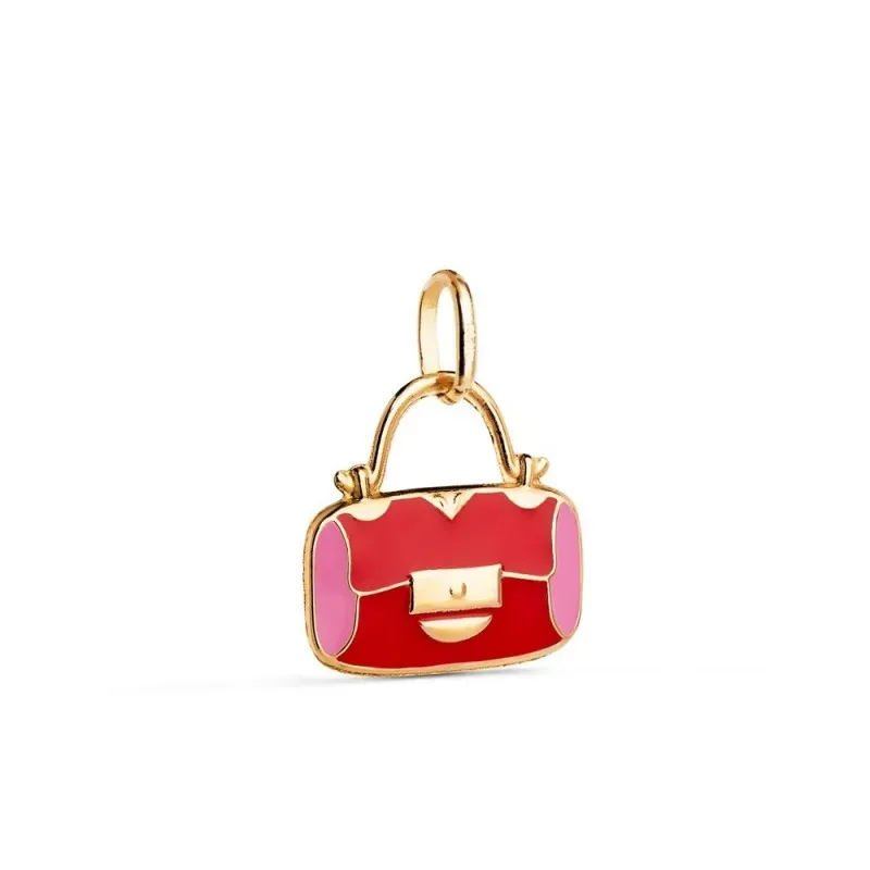 Colgante Oro 18k mujer 14 mm. forma bolso esmlatado color rosa rojo