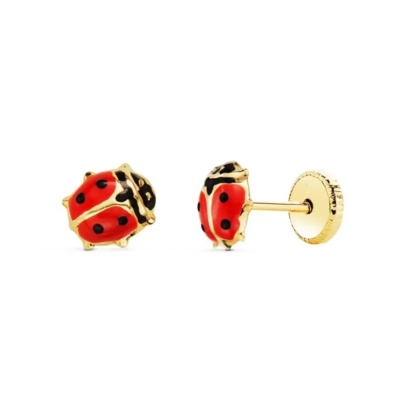 Pendientes Oro 18k niña 5.5 mm. forma mariquita esmaltada color