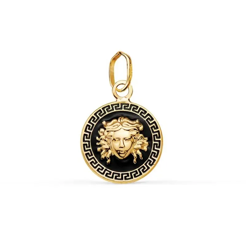 Colgante en Oro de 18k con 12 mm. esmaltado negro con medusa y detall