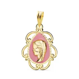 Virgen Niña Medalla en Oro de 18k Primera Comunión 22 mm. rosa. Graba