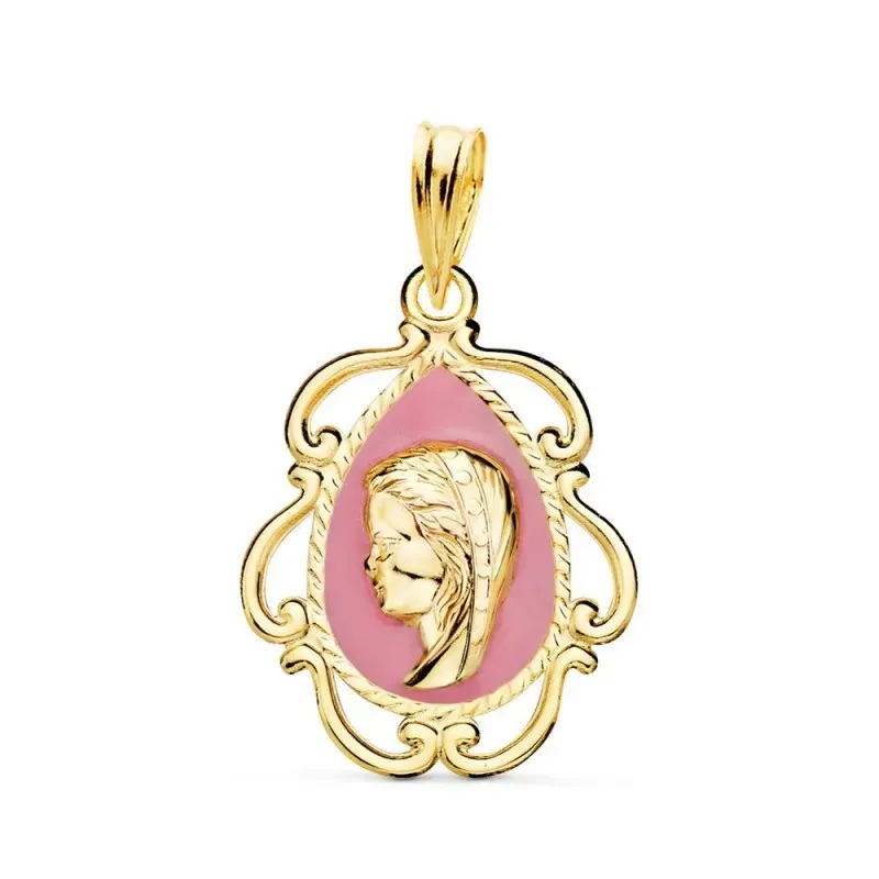 Virgen Niña Medalla en Oro de 18k Primera Comunión 22 mm. rosa. Graba
