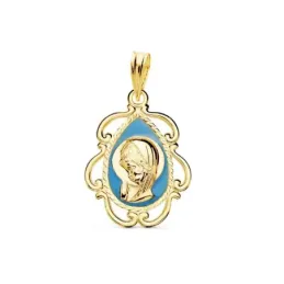 Virgen Niña Medalla en Oro de 18k para Primera Comunión 22 mm. esmalt