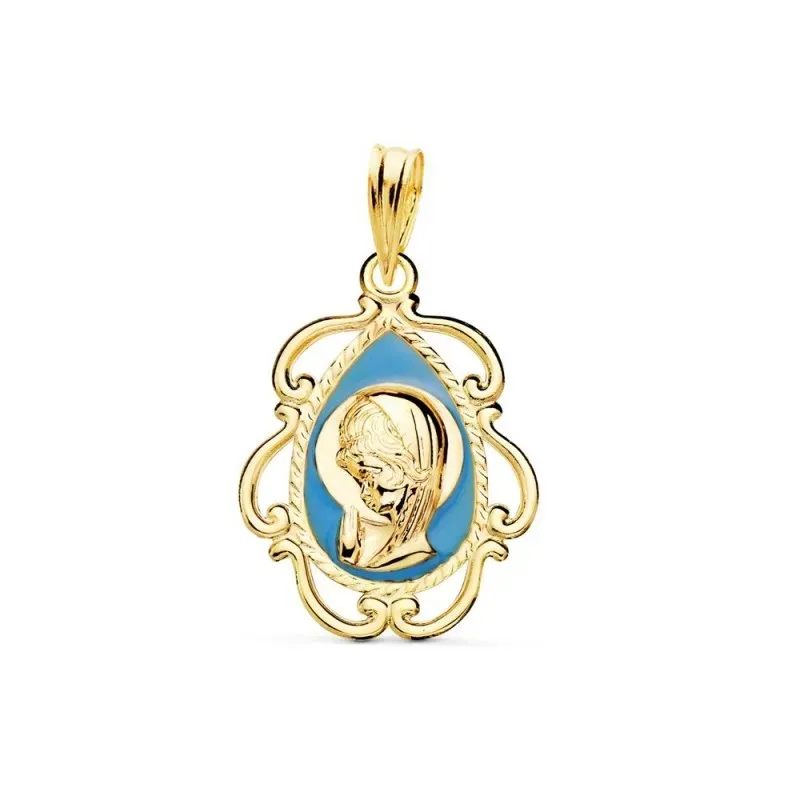 Virgen Niña Medalla en Oro de 18k para Primera Comunión 22 mm. azul.
