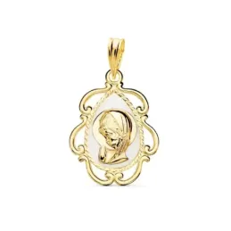 Virgen Niña Medalla en Oro de 18k para Primera Comunión 22 mm. blanca