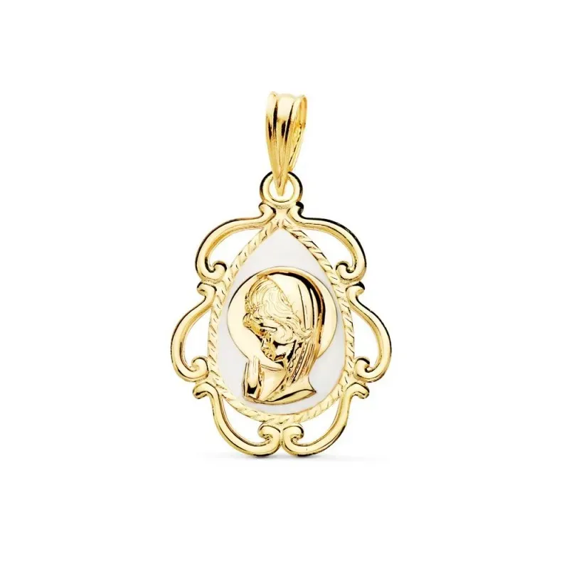 Virgen Niña Medalla en Oro de 18k para Primera Comunión 22 mm. blanca