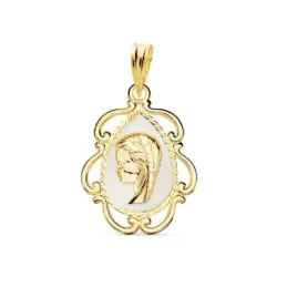 Virgen Niña Medalla en Oro de 18k para Primera Comunión 22 mm. esmalt