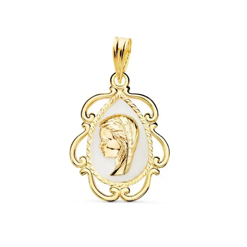 Virgen Niña Medalla en Oro de 18k para Primera Comunión 22 mm. esmalt