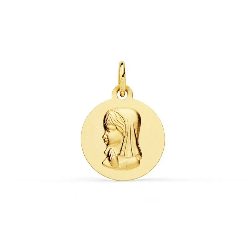 Virgen Niña Medalla en Oro de 18k para Primera Comunión de 14 mm. lis