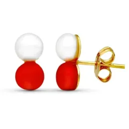 Pendientes en Oro de 18k de 10 mm. con perla y piedra roja de botón