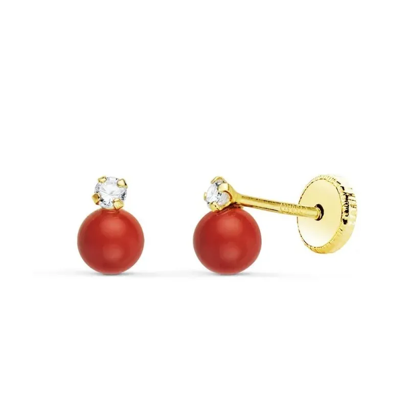 Pendientes de Oro de 18k Tu y Yo de 6.55 mm. circonita con coral