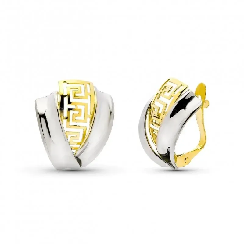 Pendientes en Oro Bicolor de 9k con 16 mm. bandas lisas con detalles