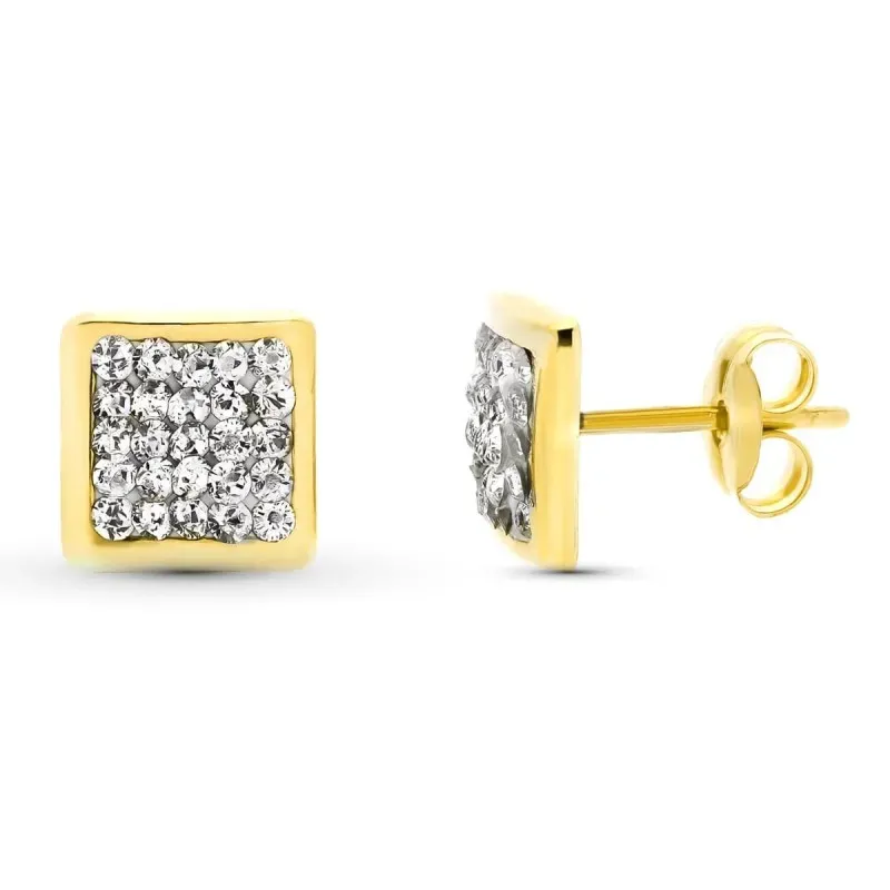 Pendientes Oro 9k cuadrados de 7 mm. con circonitas en el centro