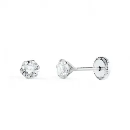 Pendientes en Oro Blanco de 18k para niña con circonita de 4 mm. y se